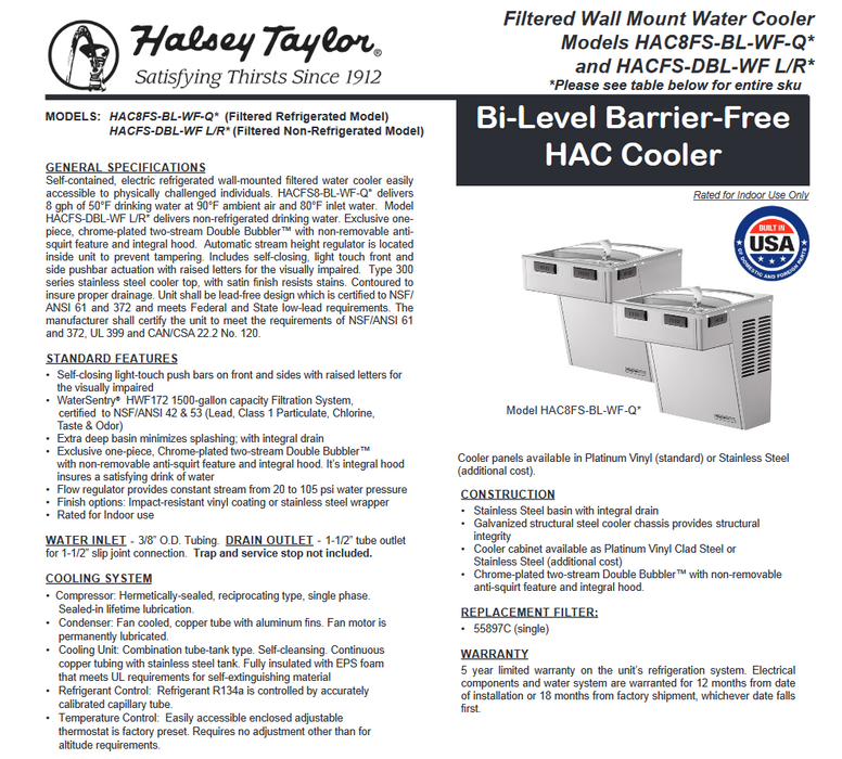 HAC8FS-BL-Q Halsey Taylor Bi Level Water Cooler