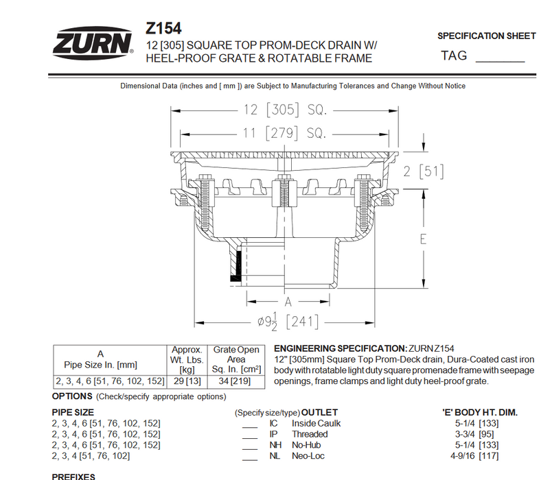 Z154 Zurn 12" Prom-Deck Drain