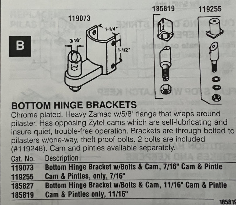 0185827 Sexauer Bottom Hinge  w/ Bolts & Cam, 11/16"