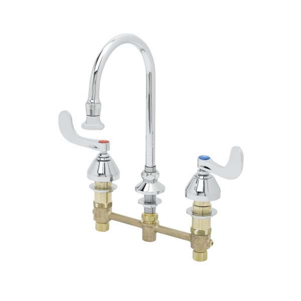 B-2865-04 T&S Medical Faucet, Deck Mount, 8" Centers, Rigid/Swivel Gooseneck w/Rosespray, 4" Wrist H