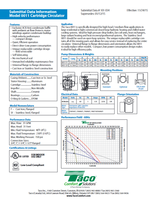 0011-SF4 TACO Circulating Pump, 115V, Stainless Steel, Flanged