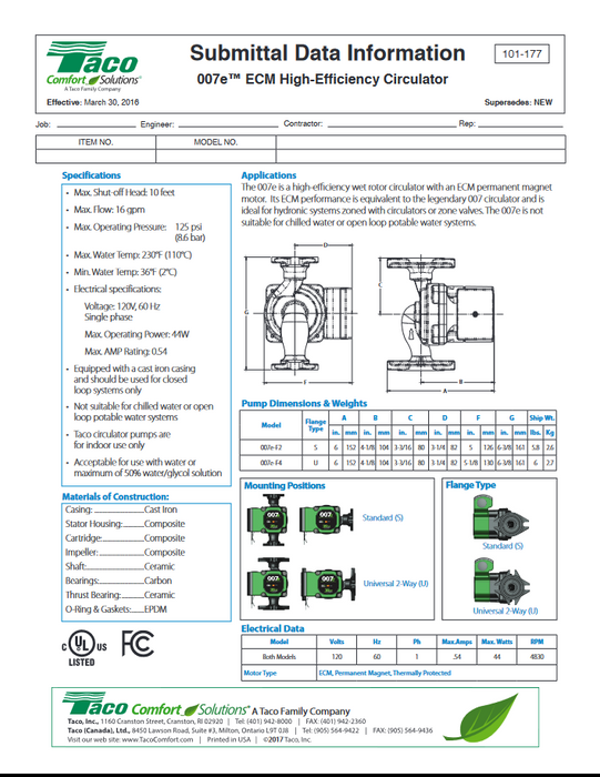 007E-2F4 TACO ECM High Efficiency Circulator Pump