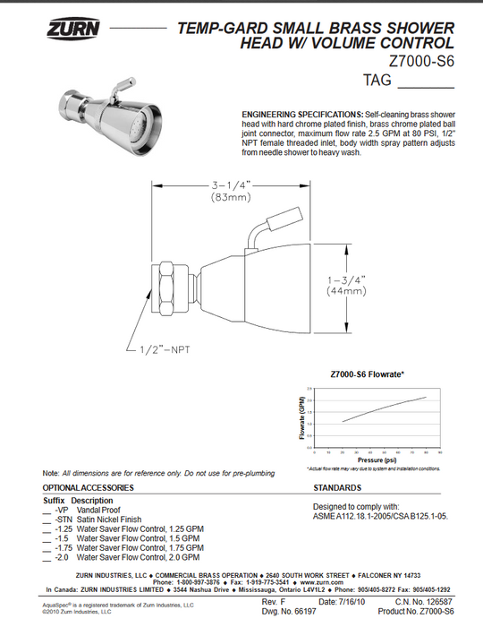 Z7000-S6 Zurn Shower Head