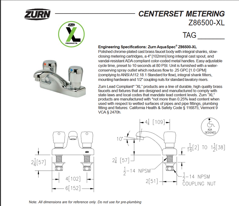 Z86500-XL Zurn AquaSpec Deck Mounted Metering Faucet